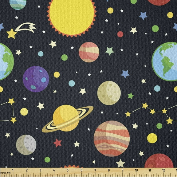 Space Fabric by The Yard, Comets and Constellations Stars with Polka Dots Earth Sun Saturn Mars Solar System, Stretch Knit Fabric for Clothing Sewing and Arts Crafts, 2 Yards, Black Yellow, Ambesonne