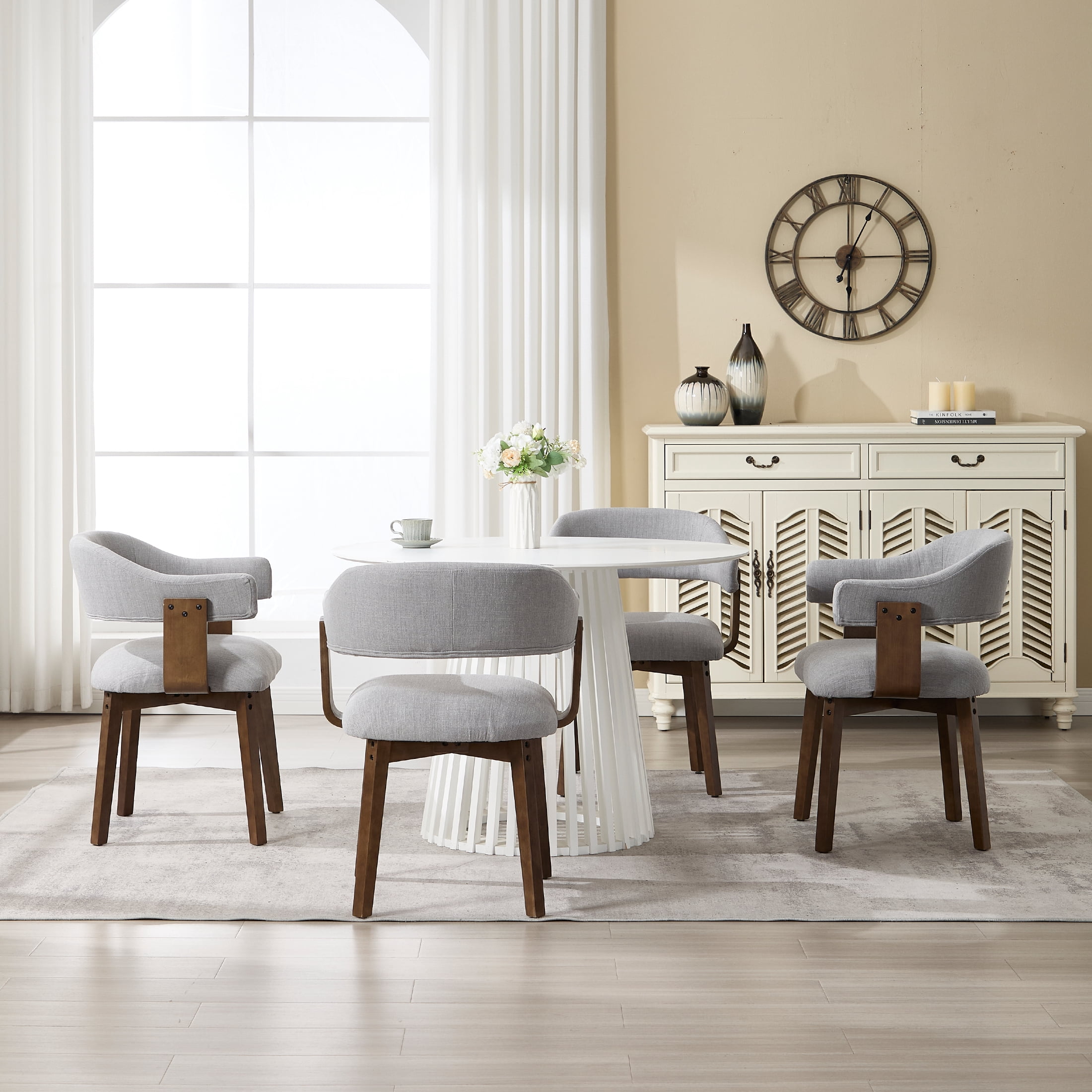 Guyou Modern Dining Chair Set of 6, Linen Upholstered Dining Room Armchair with Curved Backrest, Mid-Century Wooden Kitchen Side Chairs for Dining Room Living Room, Grey