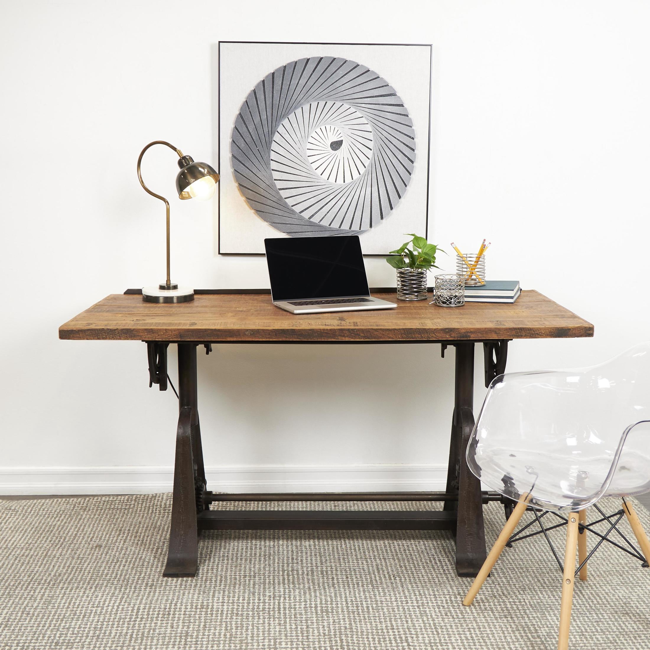 DecMode 62" x 32" Brown Teak Wood Drafting Style Desk with Tilting Top and Crank Height Adjustment, 1-Piece