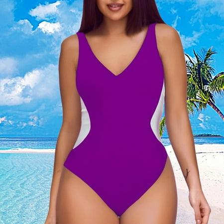 Stephy Women s Swimsuit Slimming Bathing Suit Deep V Neck Color Block Back Swimwear  Multi-Color Women s One Piece Swimsuits  S