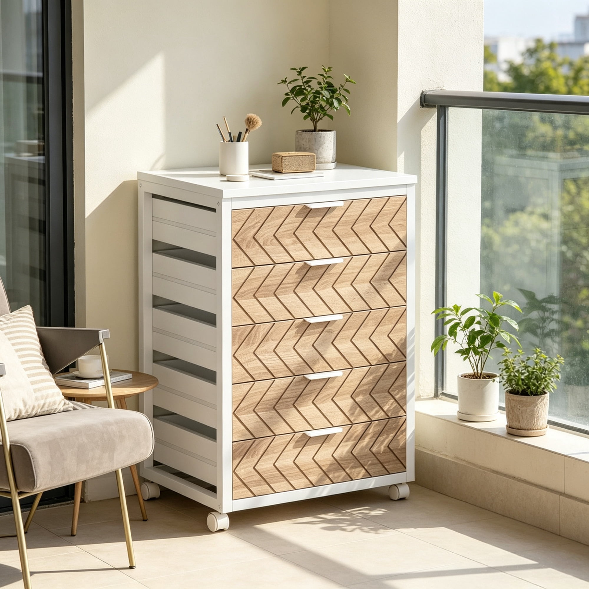 Astoutdoor 5-Drawer Rolling Storage Cabinet with Wood Grain Fronts and Casters, Engineered Wood, 31.89 in x 17.52 in x 6.10 in