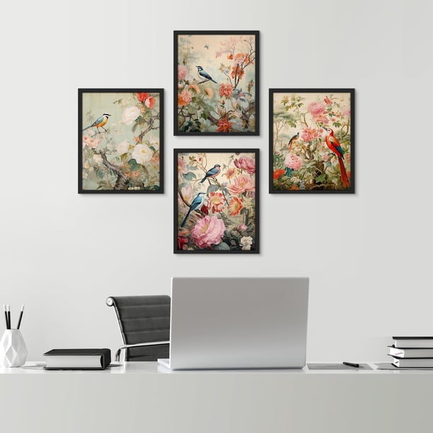 PixonSign Framed Wall Art Chinoiserie Bird and Flower  display picture 1