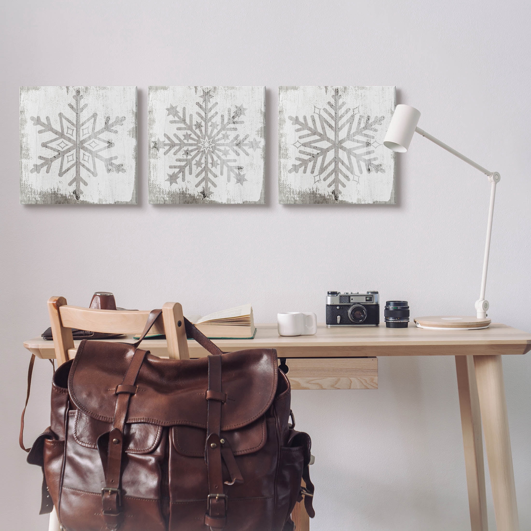 Seasonal Winter Snowflake Snow Shapes Holiday Graphic Art Gallery Wrapped Canvas Print Wall Art, Set of 3