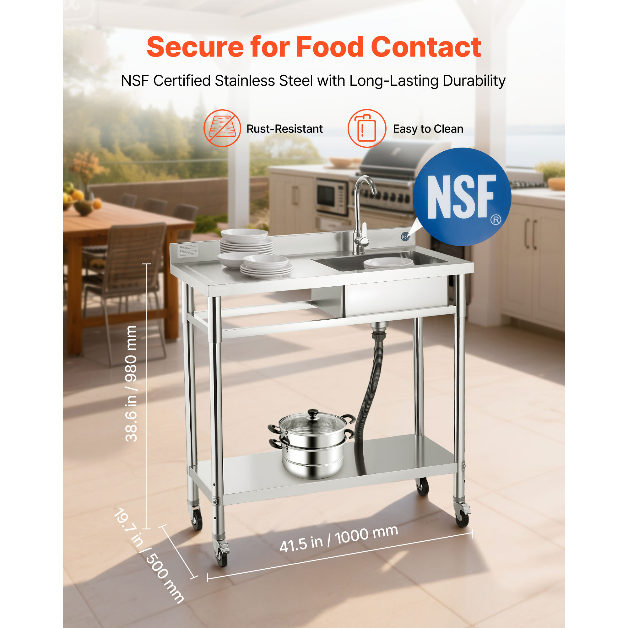 KFFKFF Utility Sink with Wheels Single Bowl Commercial Kitchen Sink Faucet Hot Cold Water SUS201 Stainless Steel Brushed Finish Adjustable Shelf