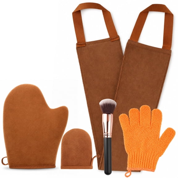 INCTUO 5 Piece Self Tanning Mitt Applicator Kit, Soft Tanner Mitt Set with Exfoliating Glove, Back Lotion Applicator, Face Makeup Brush, Mini Finger Face Self Tanner Mitt for Lotions, Mousses,Creams