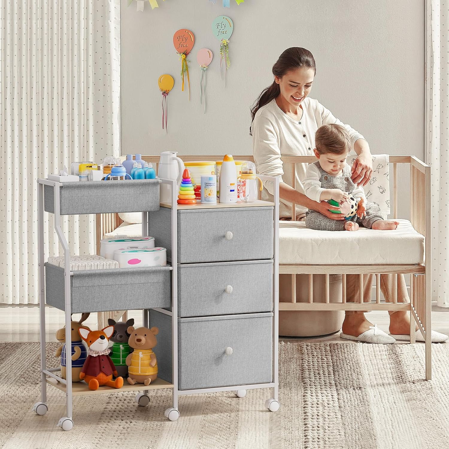 Baby Diaper Caddy Organizer Cart - 3 Tier Rolling Cart with Dividers and Drawers, Easy To Assemble, Mobile Utility Cart with Wheels for Nursery, Bedroom, Changing Table & Crib