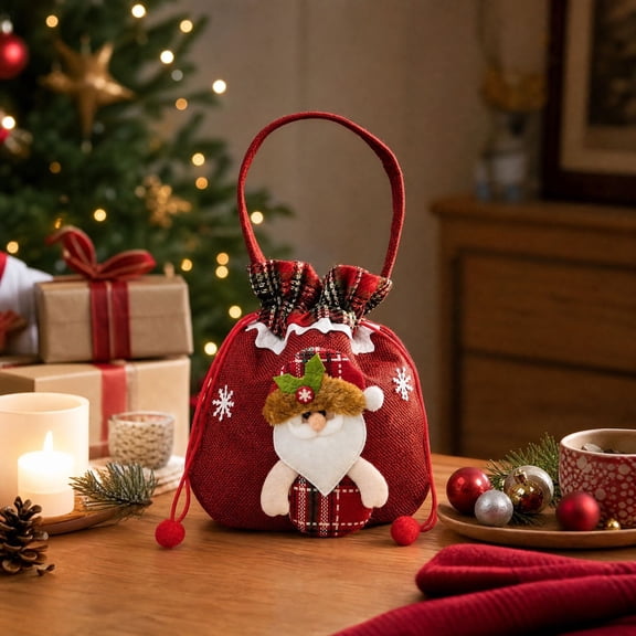 Festive Gift Bags Reusable Drawstring Gift Sacks with Handle Santa Holiday Xmas Party Favor Wrapping Bags for Candy Cookies Small Toys Stocking Stuffers, Set of 1, Cloth