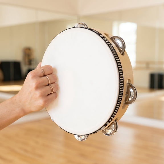 8 Inch Wooden Tambourine with Metal Jingles - Single Row Hand Held Percussion Drum Bell for Church, Band, Party, KTV & Music Performance