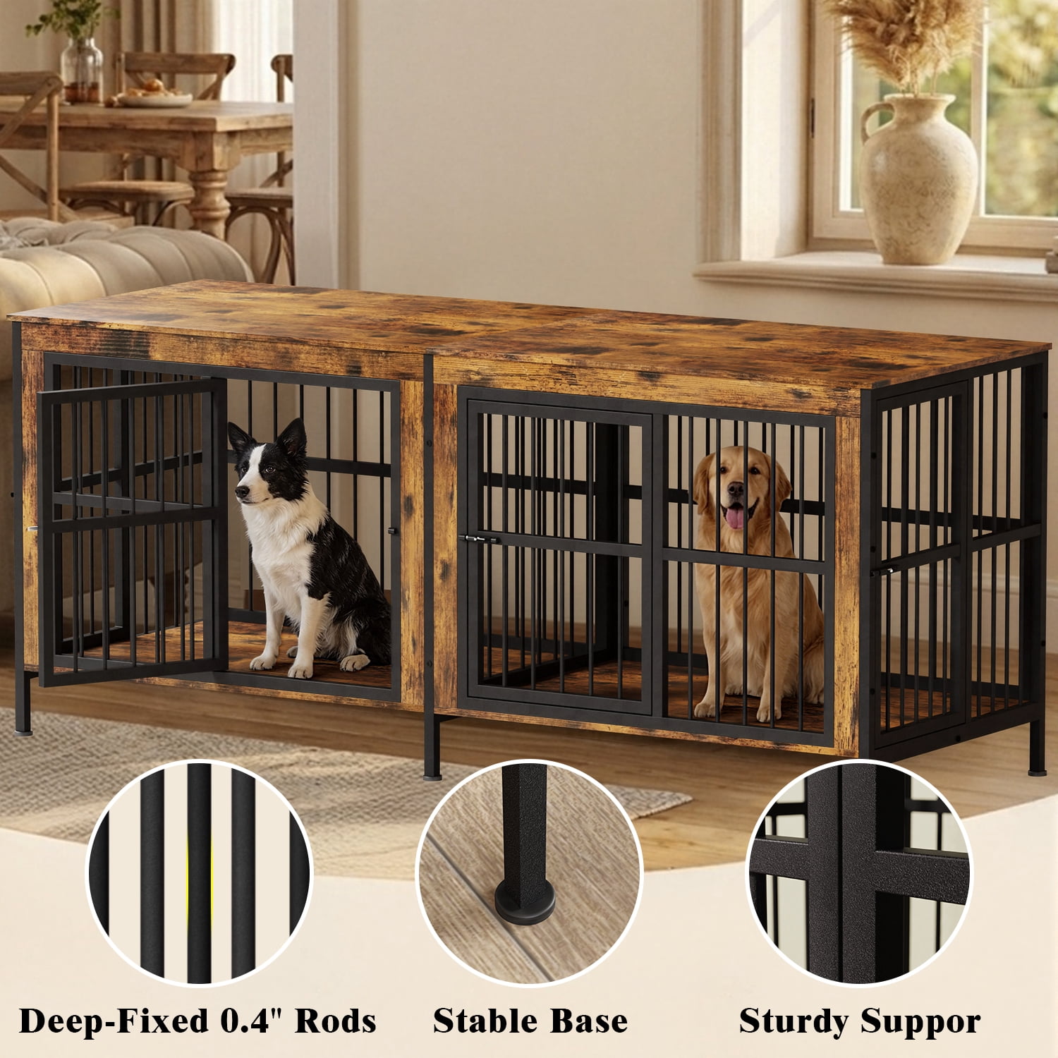 YOKWOK 88 Inch Dog Crate Furniture for Large Dogs with Sturdy Removable Divider, 3-In-1 Extra Large Double Doors Dog Kennel, XXL Thick Wooden Dog Cage Furniture, Brown