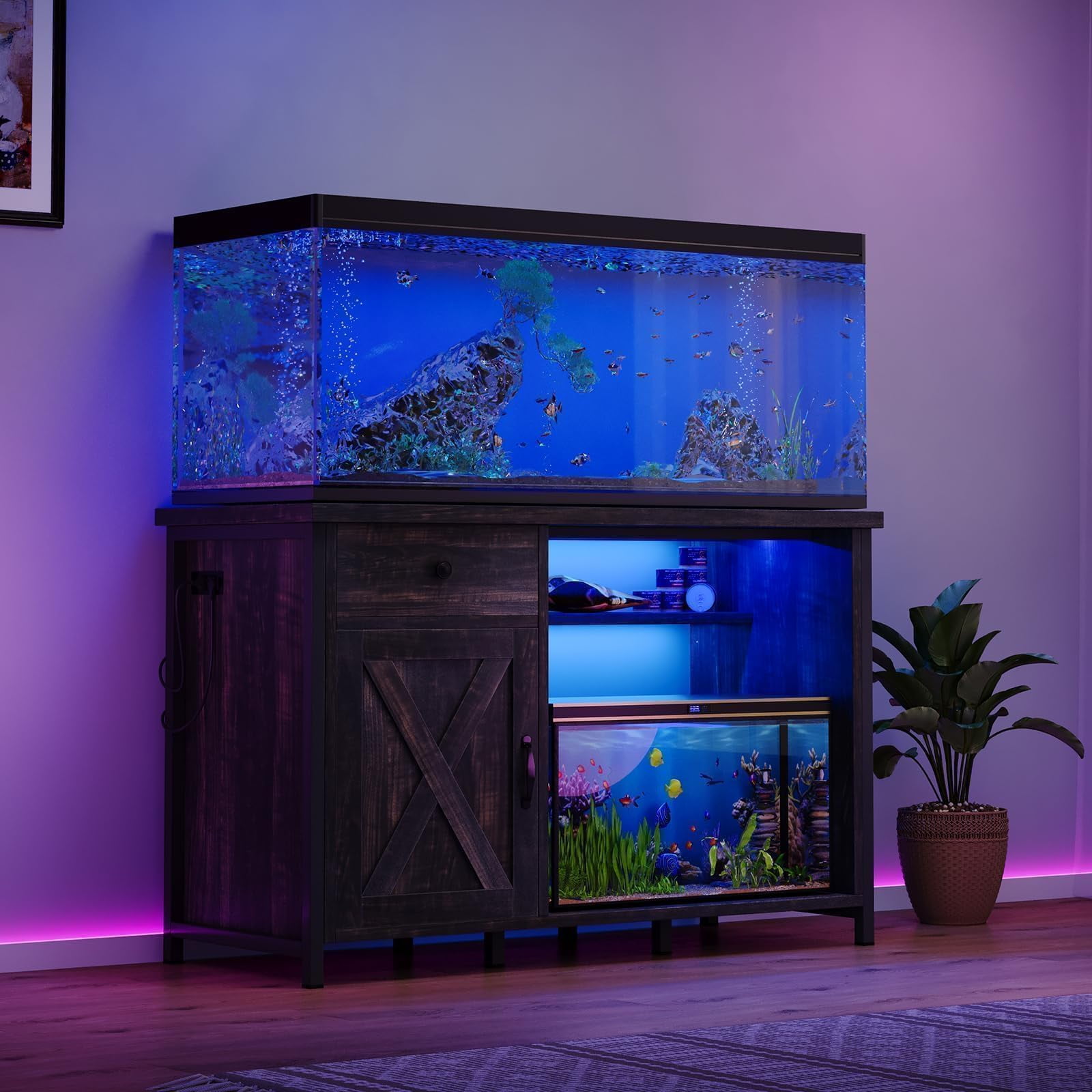 DreamCurship 55-75 Gallon Aquarium Stand with Storage Cabinet & Power Outlets LED Light, Fish Tank Stand with Drawer & Barn Door, Suitable for Fish Tank Stand, Turtle Tank, Reptile Terrarium, Oak