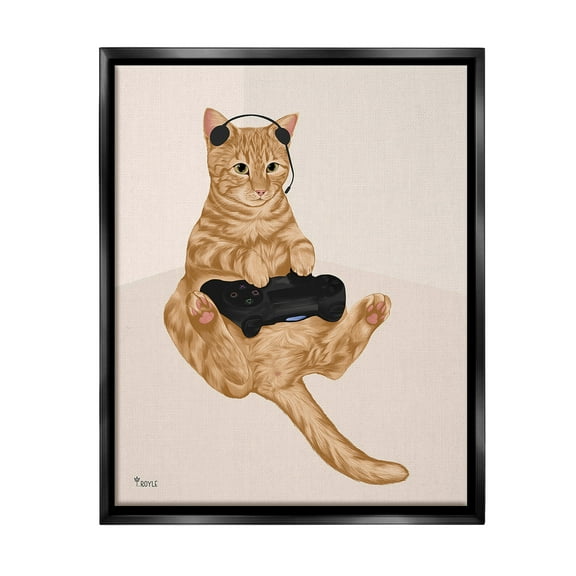 Stupell Industries Gamer Tabby Cat Animals & Insects Painting Black Floater Framed Canvas Art Print Wall Art, 17 x 21