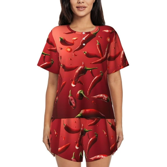 Fuzoiu Floating Red Chili Peppers Print Women's Short-Sleeved Pajama Set,Lounge Sleepwear Set,Womens Pajama Sets 2 Piece,Button-Up Top and Shorts with Pockets-Small