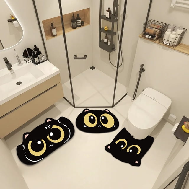 Set de alfombrillas de baño de tierra de diatomeas - Tapetes absorbentes de 3 piezas con diseños de animales adorables, alfombras de baño de secado rápido para ducha, lavabo y inodoro