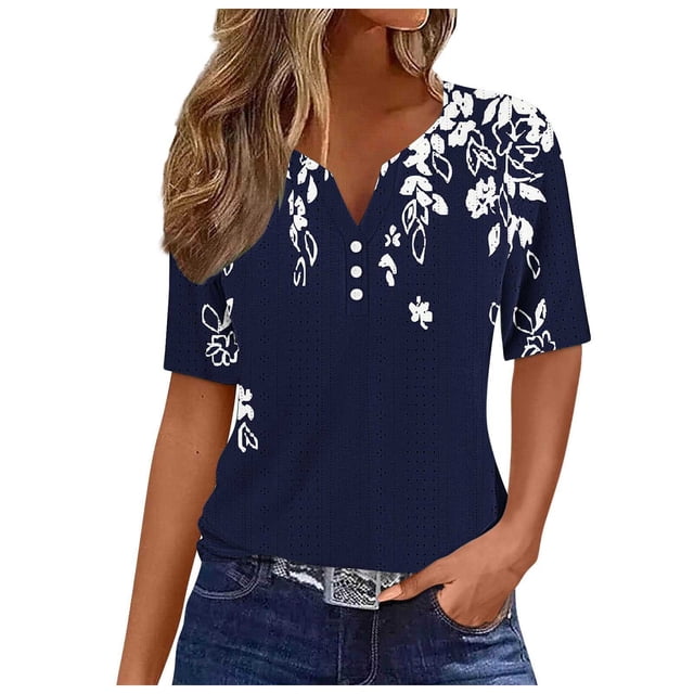 Camisetas Casuales de Mujer con Cuello en V Camiseta de Color Sólido, Manga Corta Casual Top para el Uso Diario
