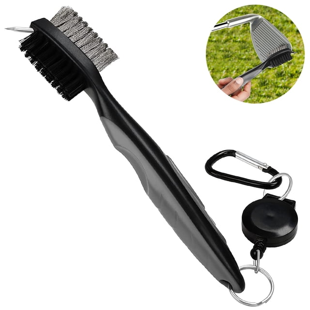 Cepillo para palos de golf y limpiador de ranuras. Mosquetón retráctil de aluminio con cremallera, ligero y elegante, diseño ergonómico, se fija fácilmente a la bolsa de golf.