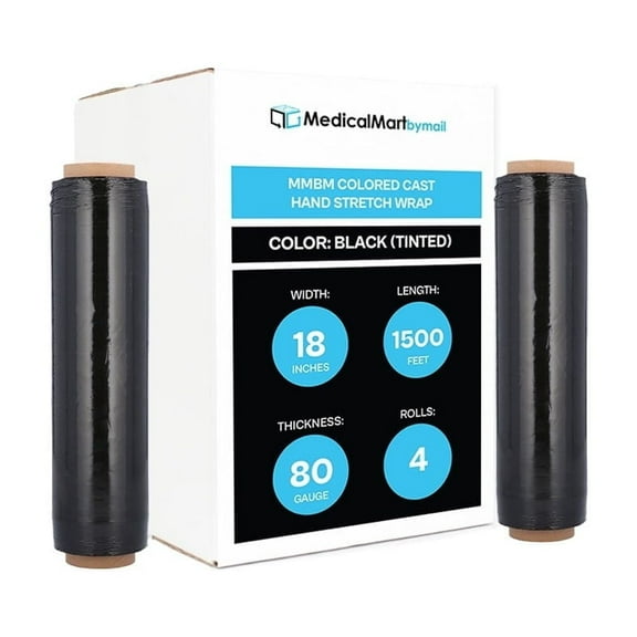 MMBM Black Cast Hand Stretch Wrap 18" x 1500' 4 Rolls 80 Gauge Tinted Shrink Film for Packaging and Palletizing