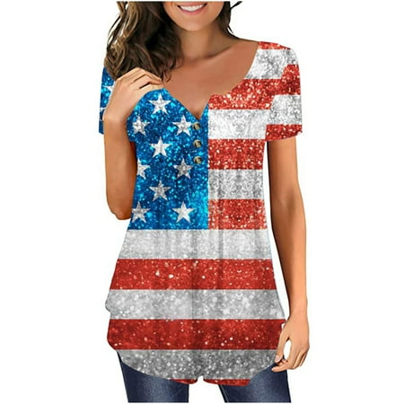 

kakina CMSX Plus Size top Clearance Women s Independence Day Patriotic V-neck Button-down Meat Covered Short Sleeve Tops