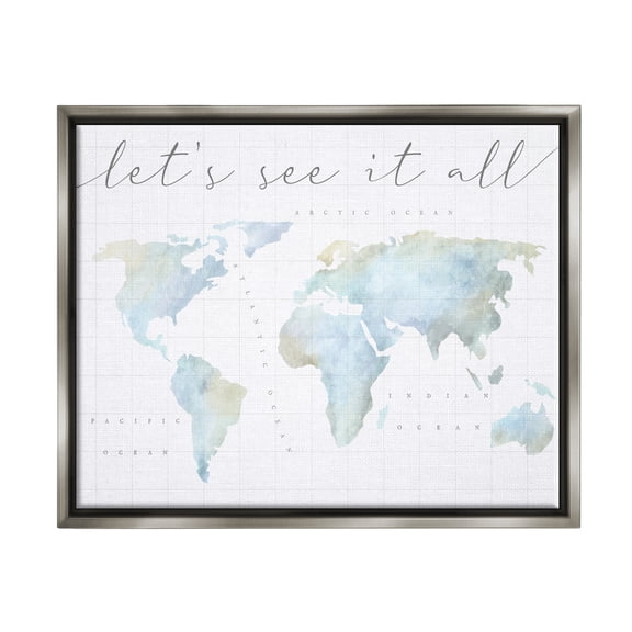 Stupell Industries Let's See It All World Map Typography Painting Gray Floater Framed Art Print Wall Art