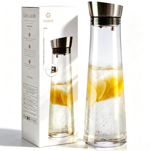 GLASKEY Glass Water Carafe with Lid,1200ml Glass Juice Pitcher with Stainless Steel Gravity Lid,Clear Water Pitcher for Ice Tea, Lemonade, Coffee,Juice Beverage