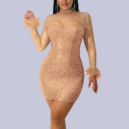 Viikei Womens Dresses Summer Women s Fashion Perspective Hot Diamond Sequin Long Sleeve Feather Bag Hip Skirt Nightclub Style Party Mini Dress Khaki S
