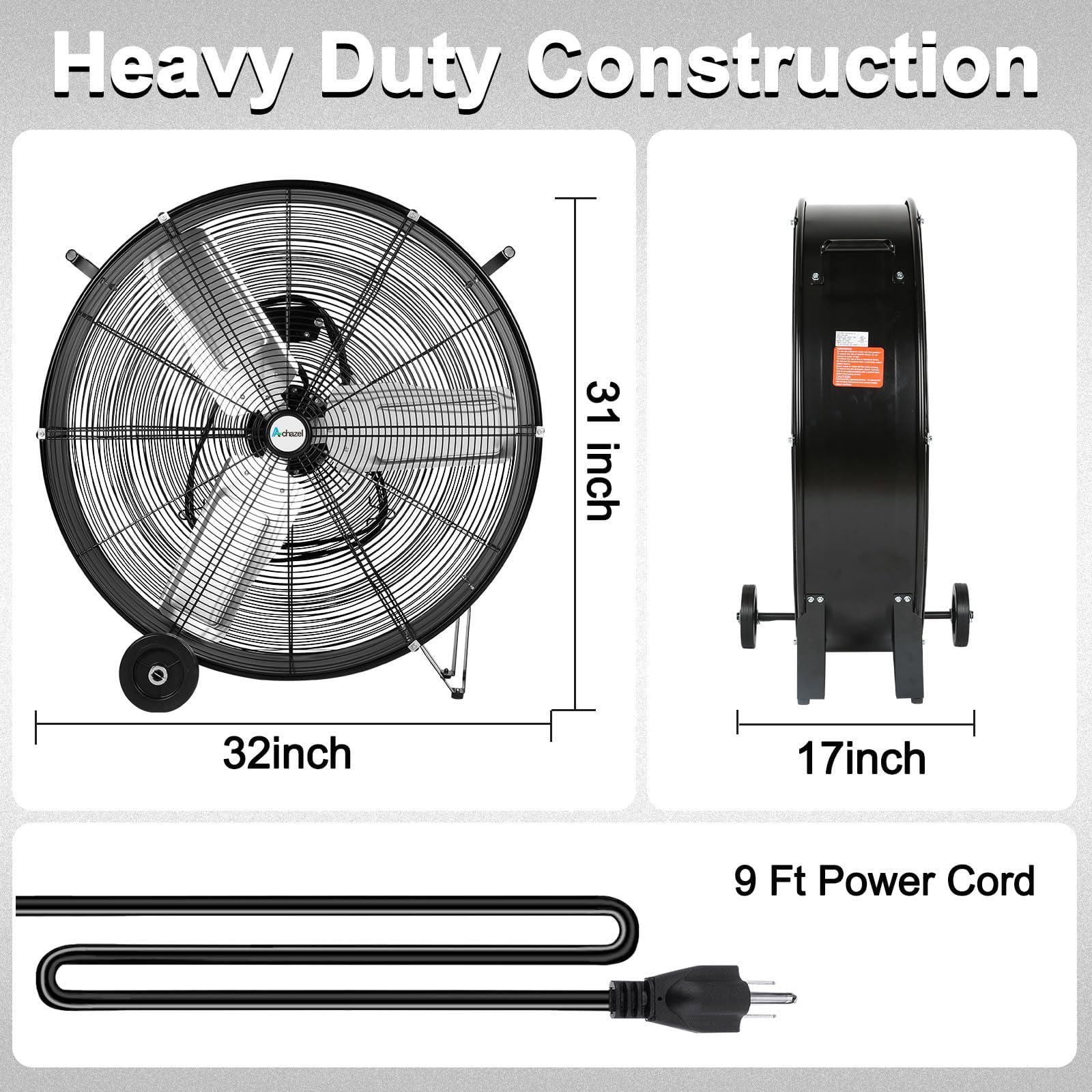 Achazel 30 Inch Industrial Drum Fan, 3-Speed Heavy Duty 13000 CFM High Velocity Air Circulation Floor Fan for Warehouse Workshops Garage Cooling