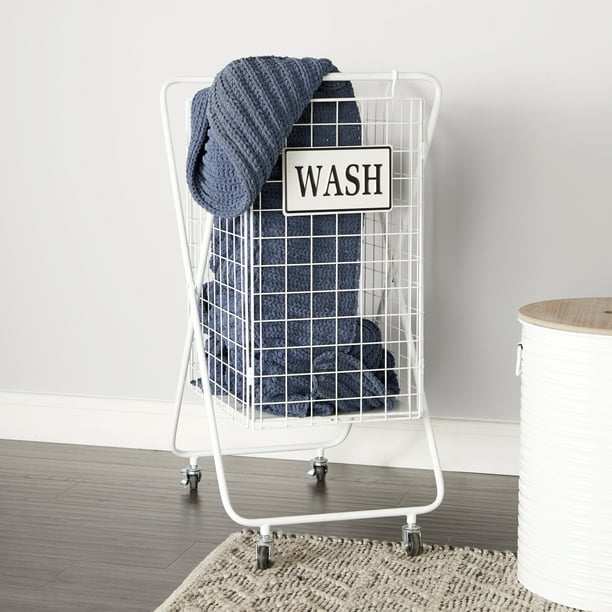 Decmode Large White Metal Laundry Basket with Wheels and Decorative