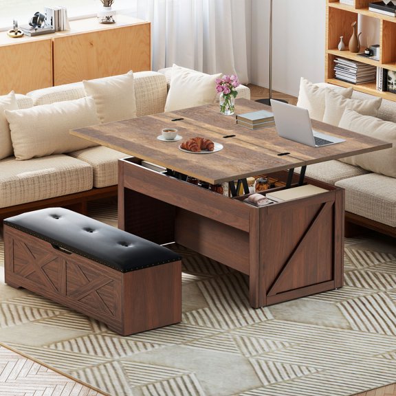 DEXTRUS Lift Top Coffee Table with Ottoman Bench on Wheels, Farmhouse Storage Center Table, Brown
