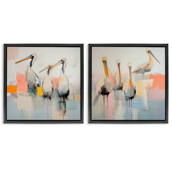 Stupell Industries Abstract Pelican Bird Animals Painting Black Floater Framed Canvas Art Print Wall Art, 18 x 18, Set of 2