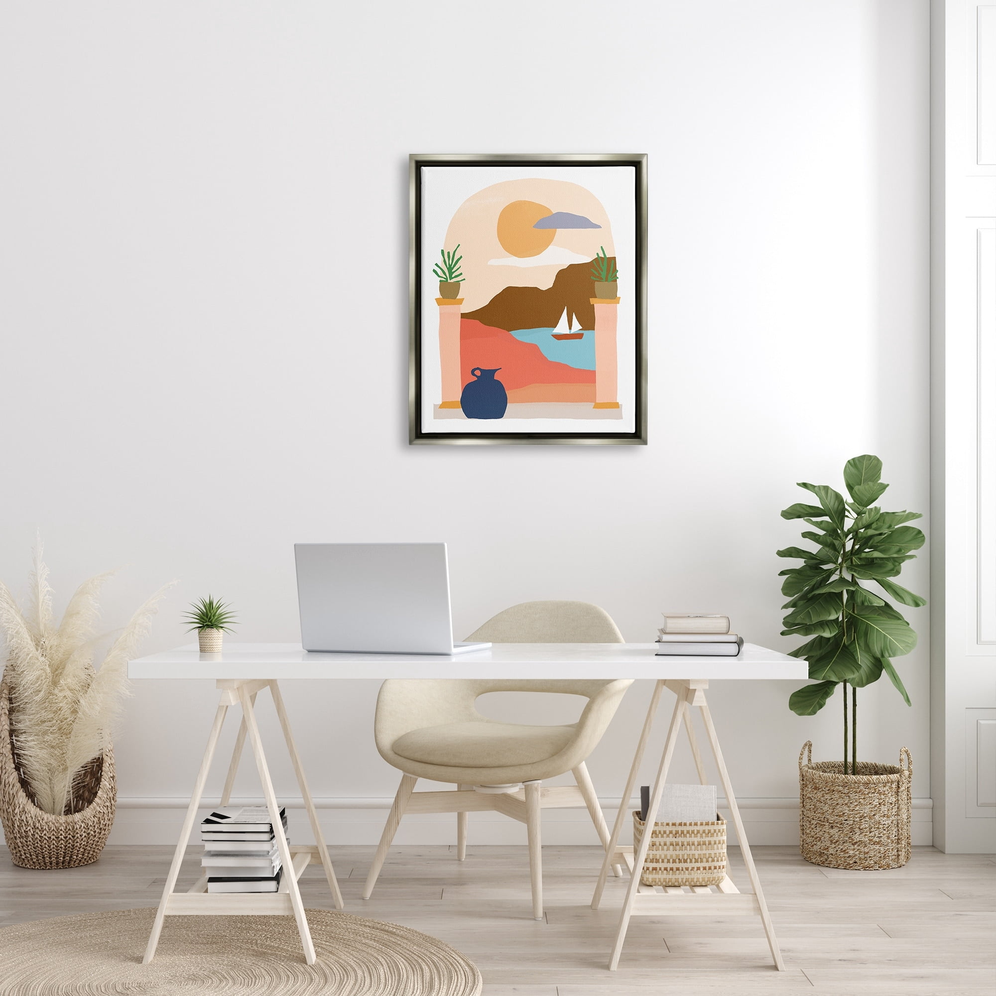 Stupell Industries Calm Distant Sailboat Arch Shaped Landscape Scene Graphic Art Luster Gray Floating Framed Canvas Print Wall Art, Design by June Erica Vess