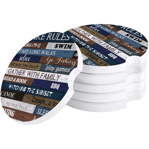 FMSHPON Lake Rules Text Colorful Rustic Wooden Grain Set of 4 Car Coaster for Drinks, Absorbent Ceramic Stone Coasters Cup Mat with Cork Base for Home Kitchen Room Coffee Table Bar Decor