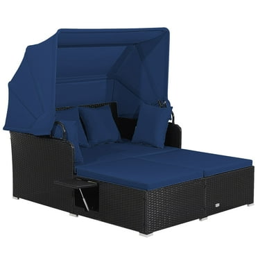 Patio Rattan Daybed Outdoor Loveseat Sofa Set with Retractable Canopy Navy