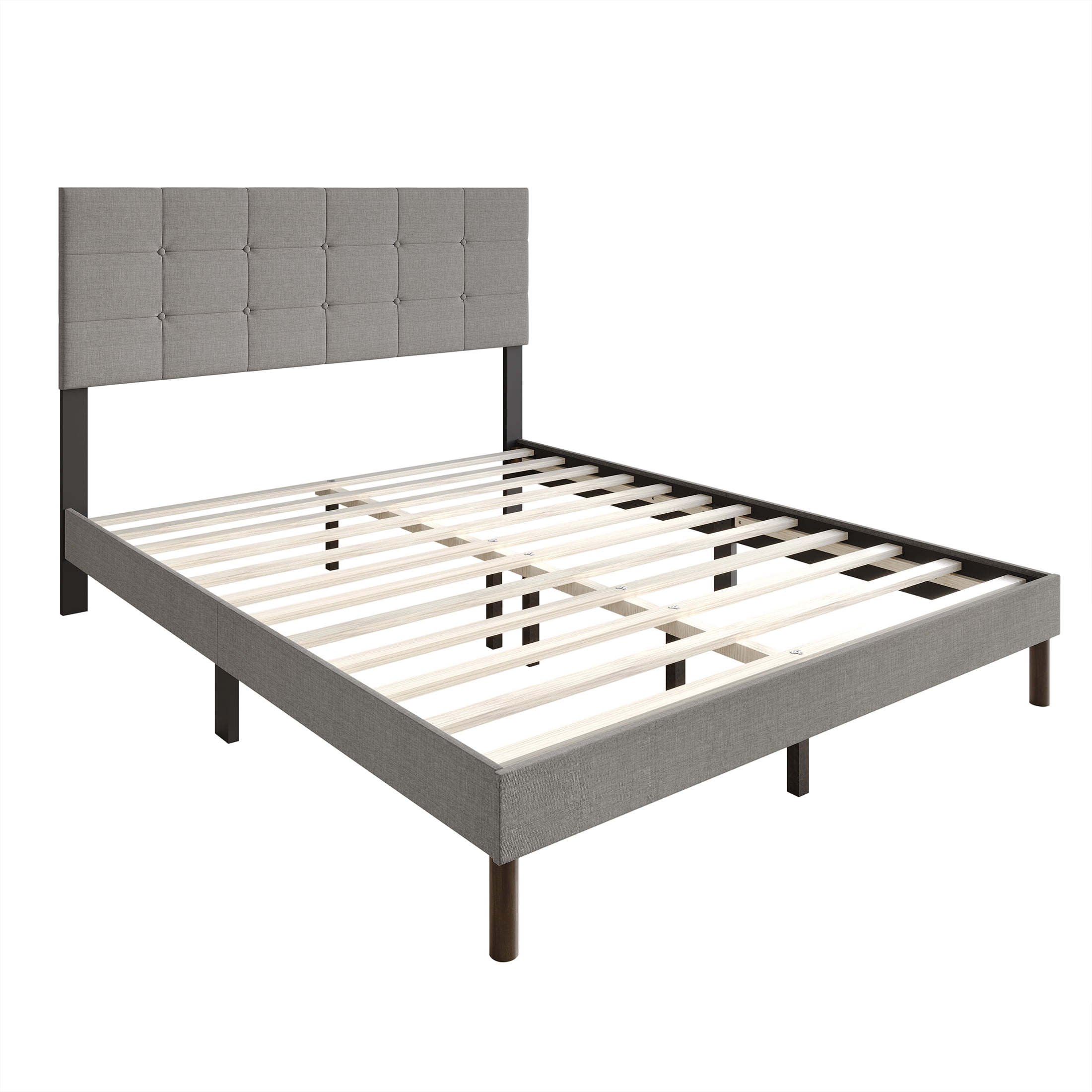 Castle Place Elegant Square Tufted Linen Upholstered Queen Platform Bed, Light Grey