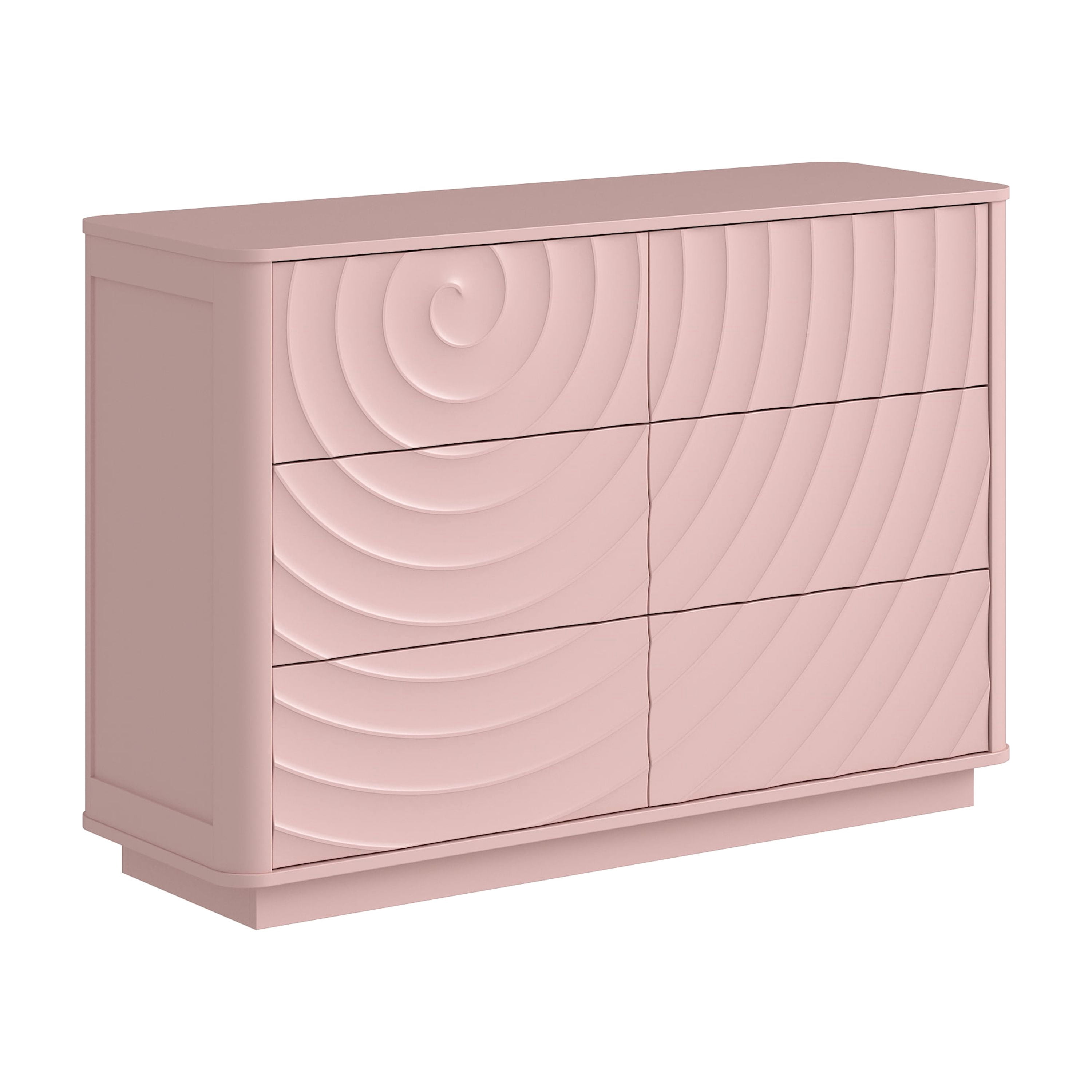 Aukfa 6 Drawer Dresser with 3D Wave Front Design, Modern Wood Double Dresser, Wide Chest of Drawers with Anti-Tip Kit for Bedroom,Pink