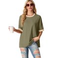 thumbnail image 3 of JWD Women's Top Short Sleeved T-Shirt Round Neck Casual Blouses Patchwork Split Hem Tee Top Army Green XL, 3 of 8