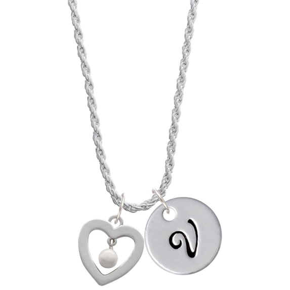 Delight Jewelry Silvertone Open heart with Imitation Pearl Drop Silvertone Script Initial Disc - V - Charm Necklace, 20"+3"