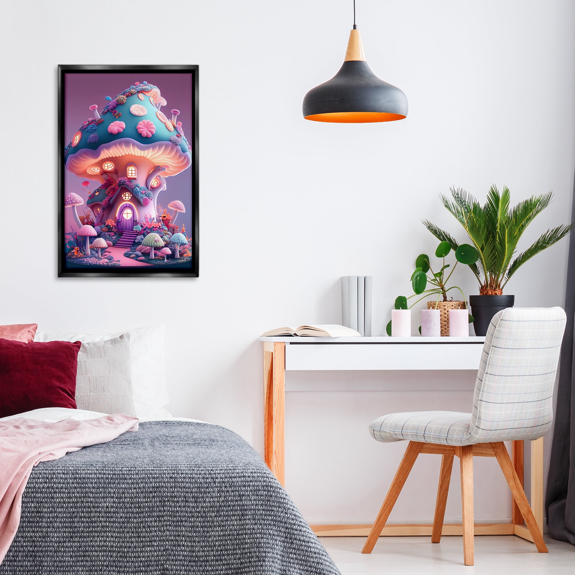 Stupell Industries Mystical Forest Mushroom Town & City Painting Black Floater Framed Art Print Wall Art, 21 x 31