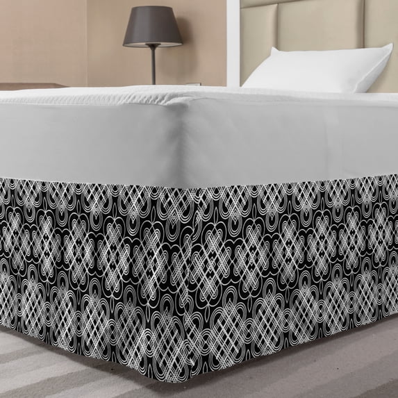 Trellis Bed Skirt, Illustration of Flourishes and Squares with Stripes Vintage Feels, Elastic Bedskirt Dust Ruffle Wrap Around for Bedding Decor, 4 Sizes, Charcoal Grey and White, by Ambesonne