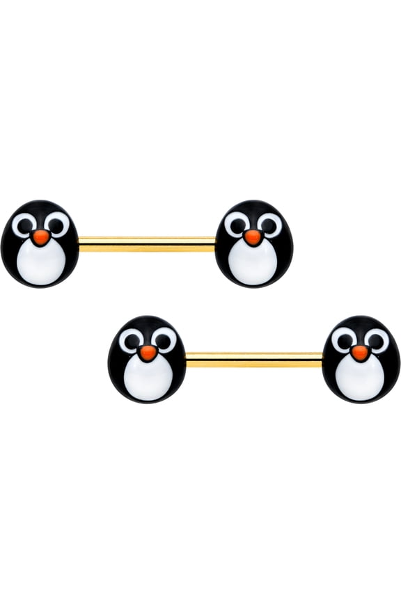 14G Womens Piercing Steel Bright 2Pc Round Holiday Penguin Face Nipple Ring Set 9/16