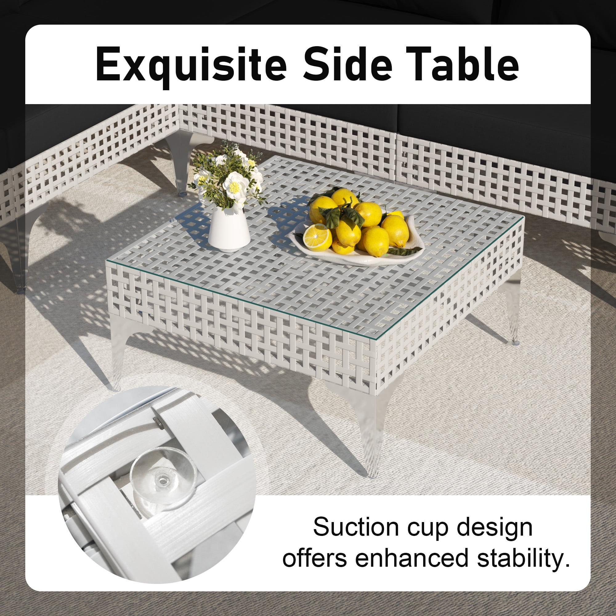 RADIATA 6Pcs Patio Boho Furniture Sofa Sets with Black Cushions , All-Weather White PE Wicker Outdoor Conversation Sets for Backyard, Deck, Poolside, Porch ,  Patio Sofa Sectional
