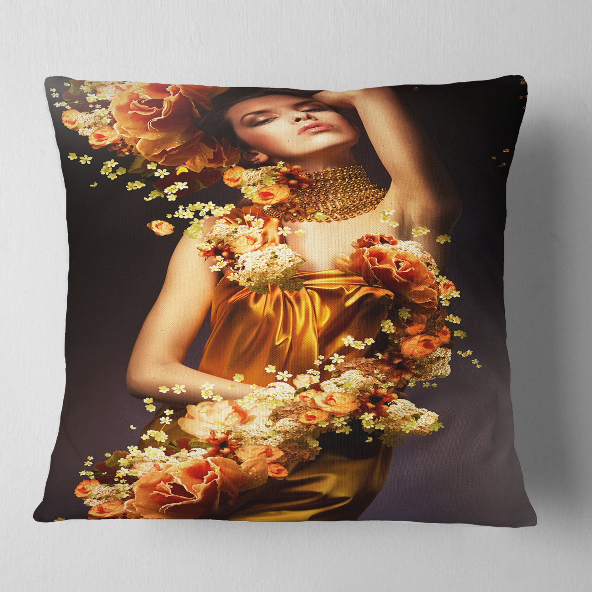 Designart Sensual Woman in Flower Robes - Abstract Portrait Throw Pillow - 18x18