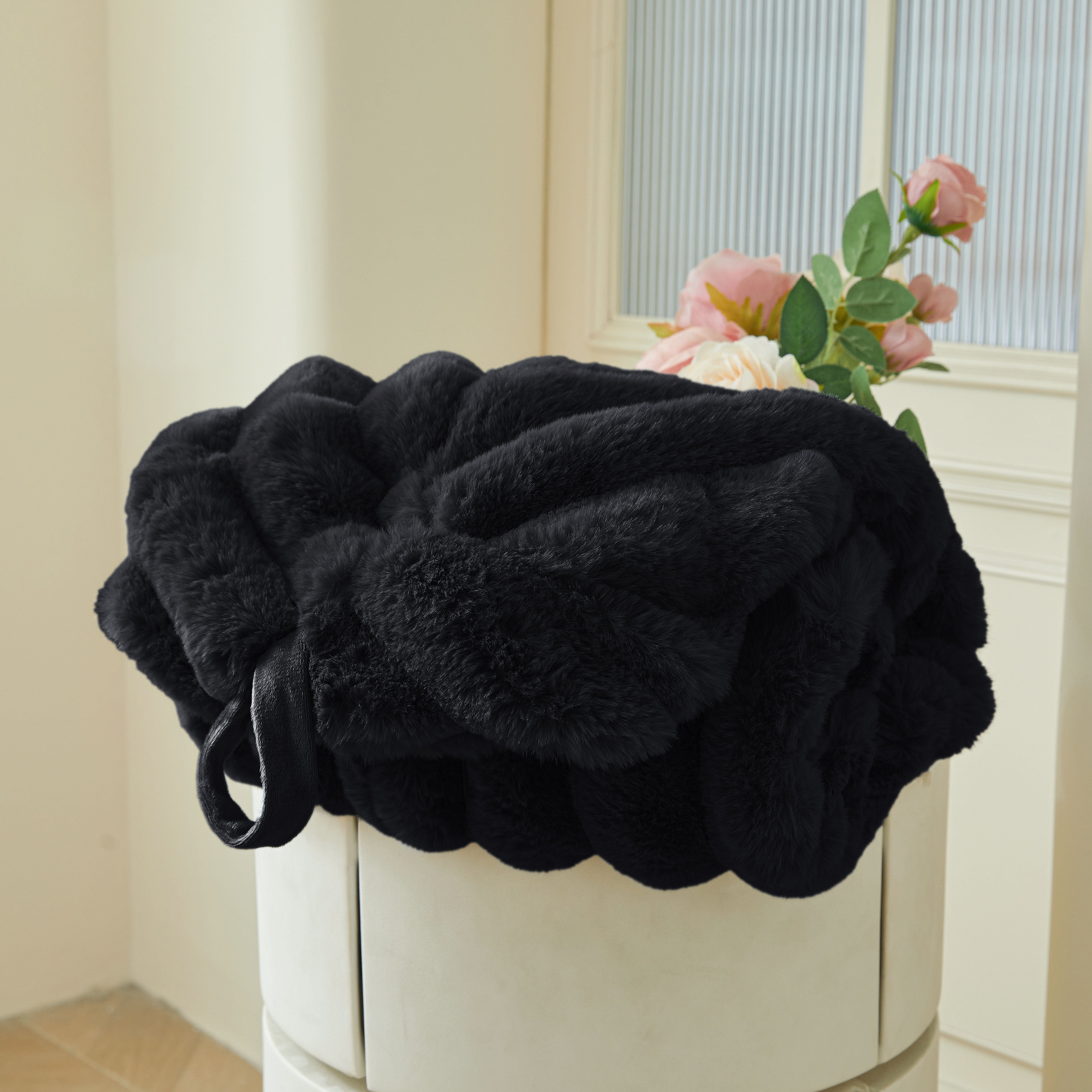 XeGe Fluffy Faux Rabbit Fur Bean Bag Chair Cover(No Filler), Luxury Plush Fuzzy Striped Stuffed Animal Storage Beanbag, 3FT Large Furry Ribbed Floor Lounger for Bedroom Living Room, Anti-slip, Black