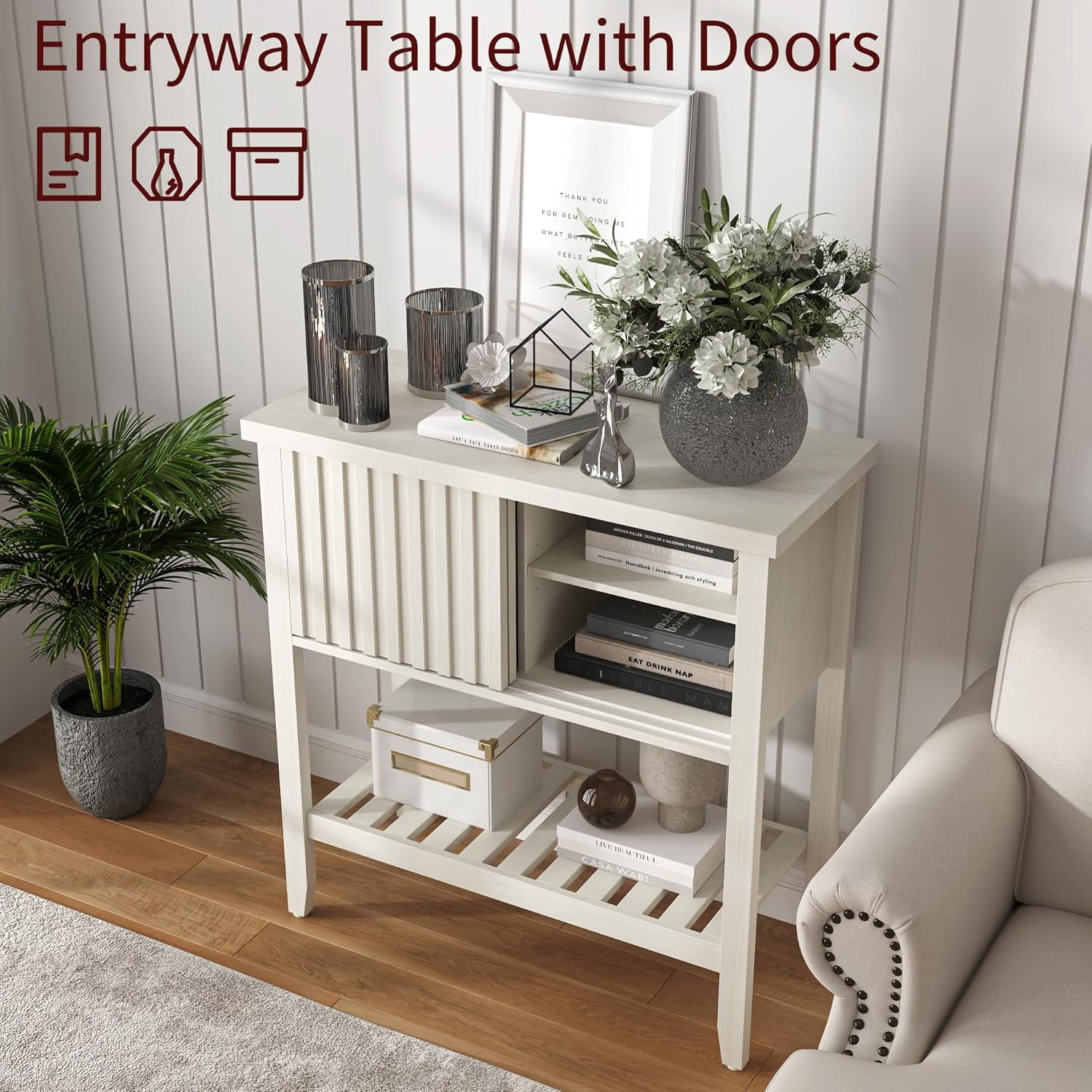 FROMJBEST 31.5" Black Entryway Console Table with Sliding Drawer Doors and Storage Shelf for Hallway, Living Room, or Office