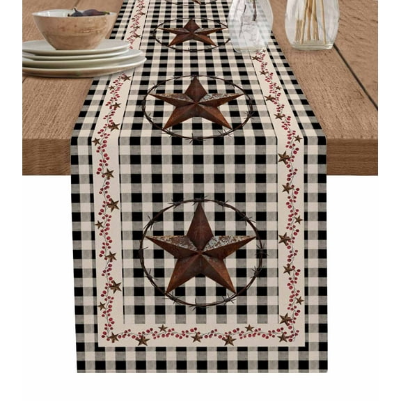 Table Runner Dresser Scarf 13 x 48 Inch Retro Mottled Country Star Farmhouse Black Buffalo Plaid Table Runners Non-Slip Heat Kitchen Dining Table Decor for Indoor Outdoor Home Party Decoration