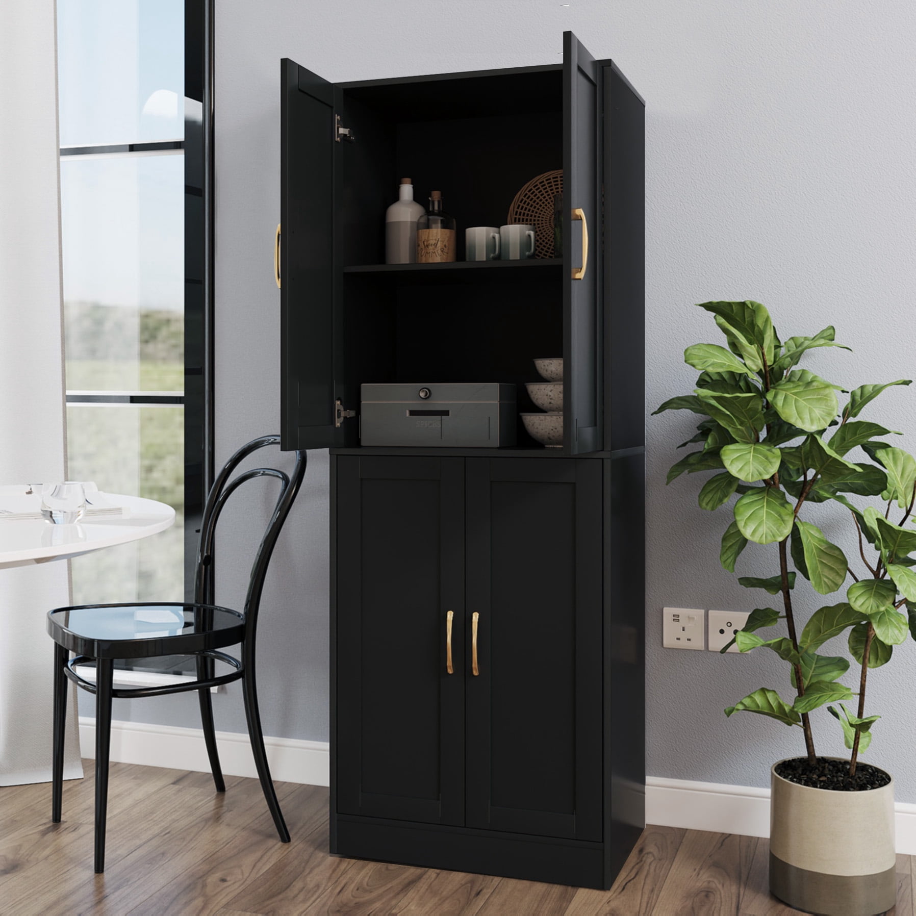 BOCVKENN 60.7" Tall Kitchen Pantry,Farmhouse Storage Cabinet withAdjustable Shelves,Farmhouse Pantry Cabinet with 4Doors,for Kitchen,Dining Room,Living Room