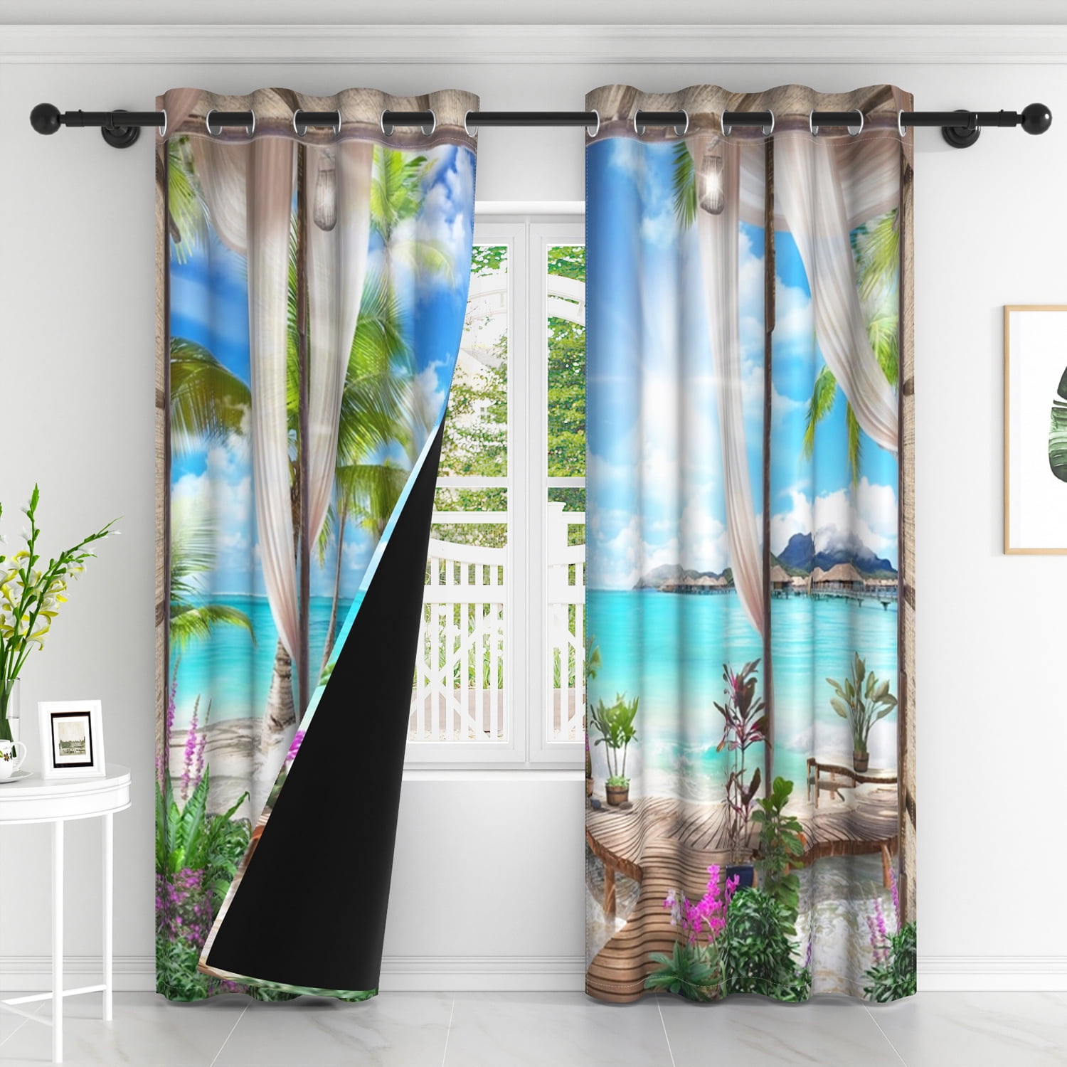 Sunlight Beach Blackout Curtains, Room Darkening Grommet Curtains, White Window View, 52"x63", 2 Panel