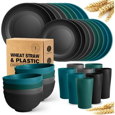 Teivio 32-Piece Kitchen Plastic Wheat Straw Dinnerware Set, Service for 8, Dinner Plates, Dessert Plate, Cereal Bowls, Cups, Unbreakable Colorful Plastic Outdoor Camping Dishes, Coastal Multicolor