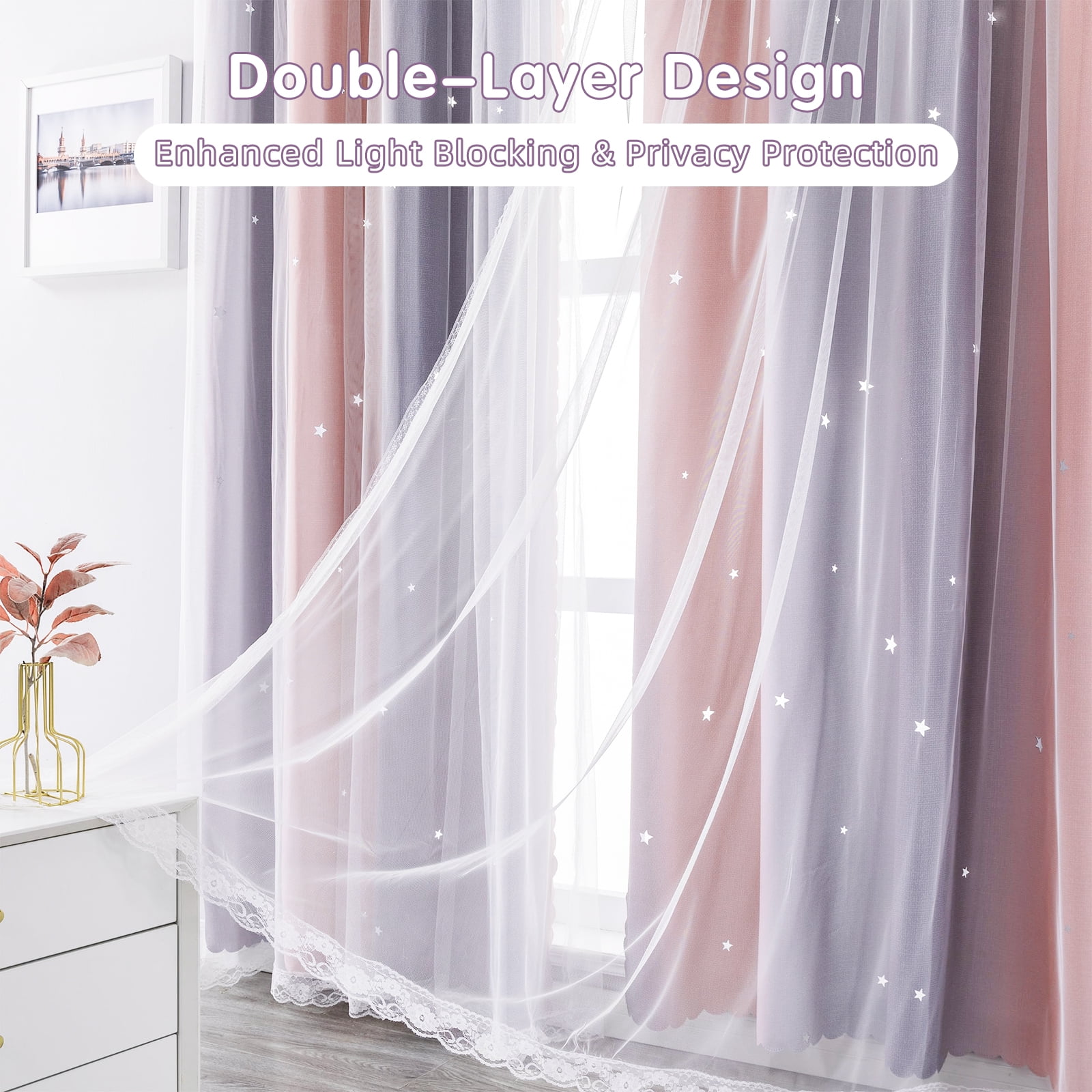 CshidWorld Blackout Curtains for Girls Kids Bedroom, Colorful Double Layer Star Cut Out Curtains for Girls Room Nursery Home Decor, 52''x 84'', 1 Panel