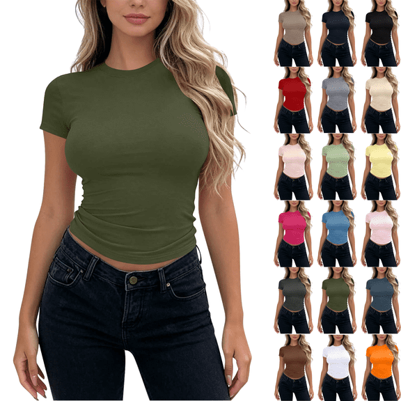Womens Summer T Shirts Slim Fitted Crew Neck Short Sleeve Basic Tees Lightweight Soft Comfy Casual Cute Crop Tops,Sizes S-XL