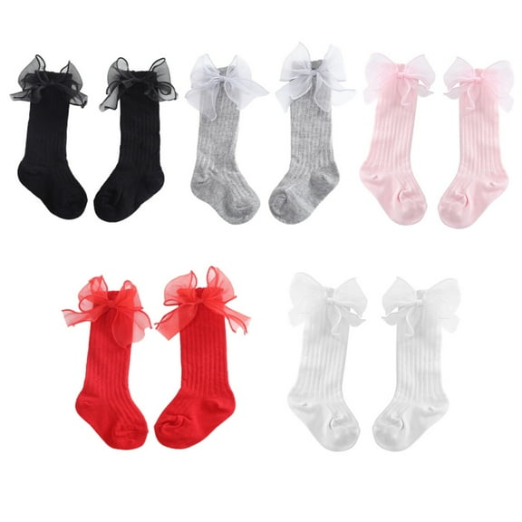 5 Pairs Baby Girls Knee High Socks Lace Bow Tube Ruffled Knit Cotton Long Stockings for Infants Toddlers Girls, 0-3Y