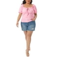thumbnail image 2 of Agnes Orinda Women's Plus Size Top Eyelet Embroidery Square Neck Bow Tie Front Short Sleeve Summer Cute Crop Blouse 1X Pink, 2 of 6